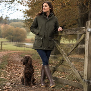 une femme portant une veste barbour et bottes chameau